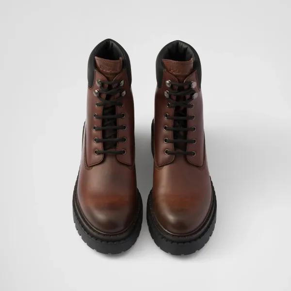 PRADA Dark brown leather and recycled nylon ankle boots - Image 3