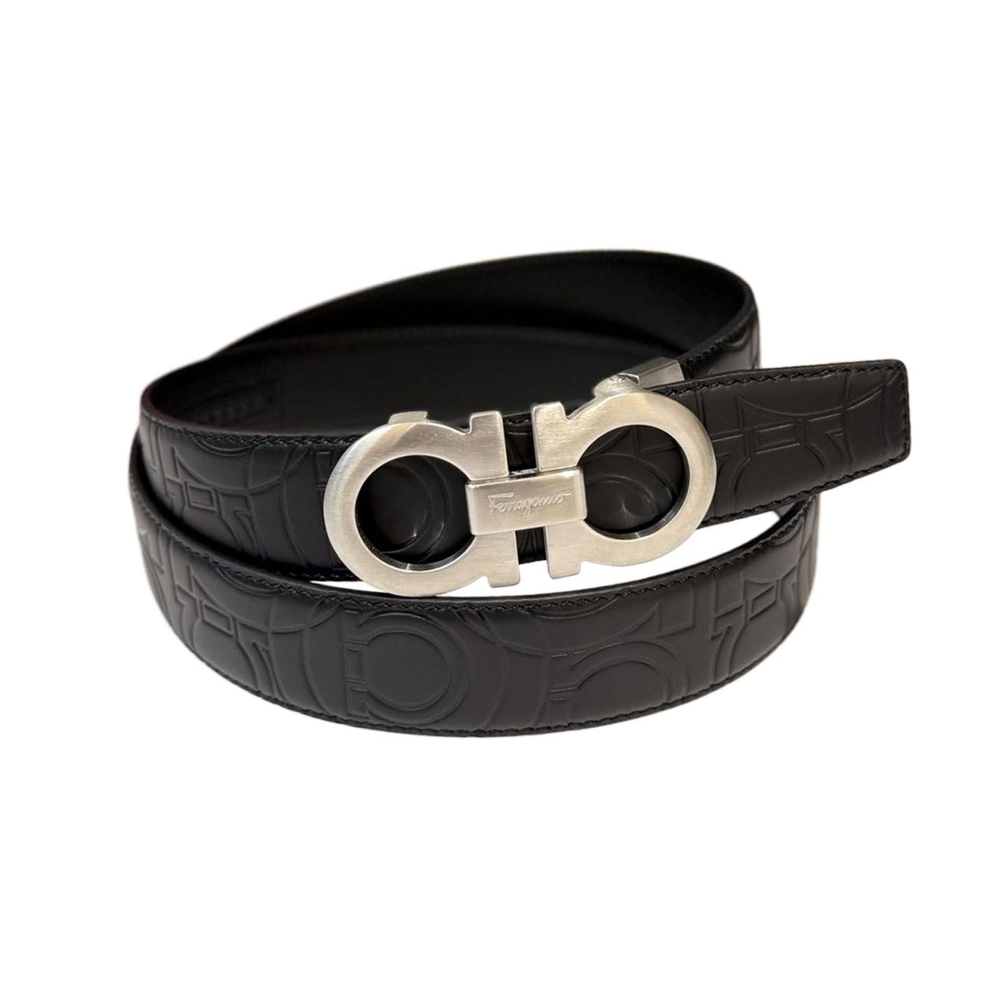 Cinto Masculino Ferragamo com Fivela Dupla Gancini em Couro Bezerro Gravado Gancini Preto com Hardware Dourado/Prateado/Preto 35mm