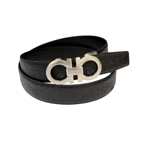 Ferragamo Men's Double Gancini Buckle Belt In Black Gancini Embossed Calfskin With Gold/Silver/Black Hardware 35mm