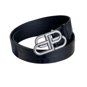 Balenciaga Men's New BB Palladium Buckle Belt In Black Embossed Crocodile Calfskin With Silver/Gold/Matte Black Hardware 35mm