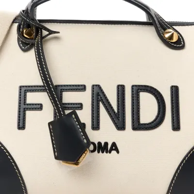 Fendi Medium Logo Embroidered By The Way Boston Bag Grezzo/Black Canvas & King Vitello Leather Gold Hardware