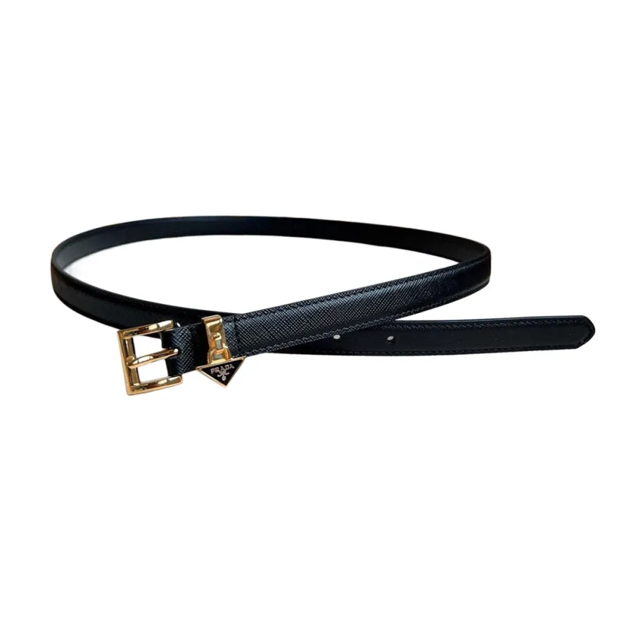 Prada Women' s Square Buckle Thin Belt In Black/Brown/White Calfskin With Gold/Silver Hardware 15mm