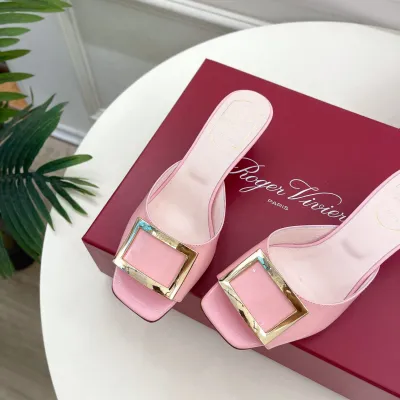 Roger Vivier Trompette Mules High Heels In White/Black/Beige/Pink Patent Leather With Metal Buckle (Heel Height 4.5cm)