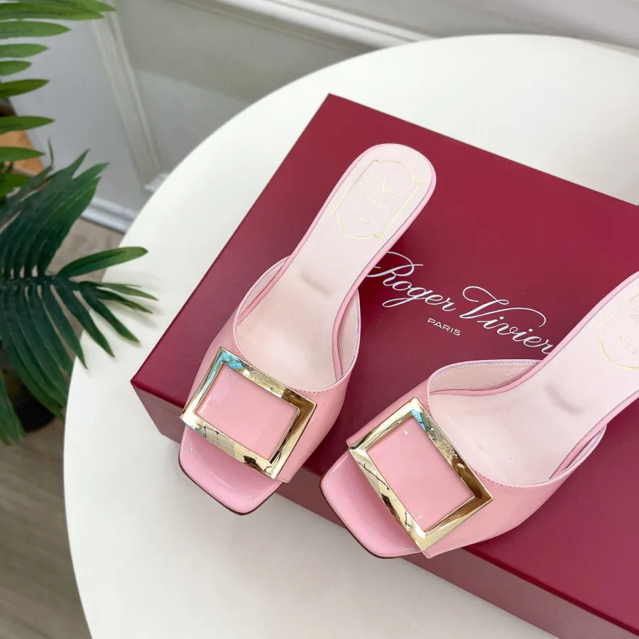 Roger Vivier Trompette Mules High Heels In White/Black/Beige/Pink Patent Leather With Metal Buckle (Heel Height 4.5cm)