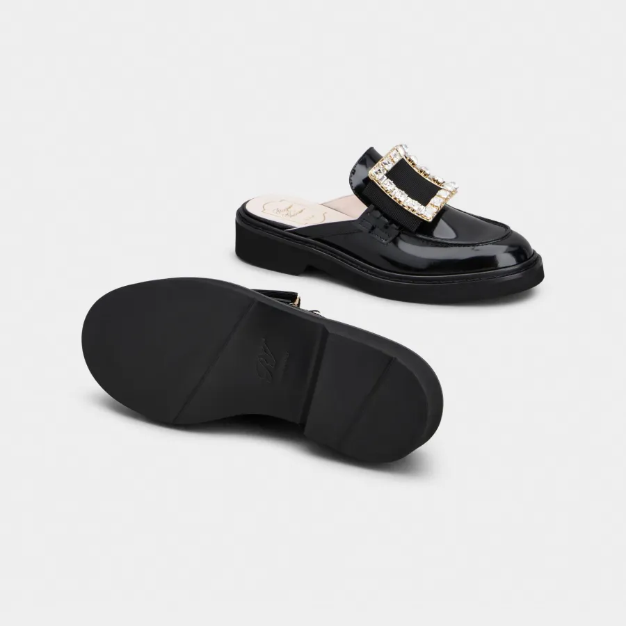 Roger Vivier Viv' Rangers Mules Loafers In Black Patent Leather With Crystal Buckle