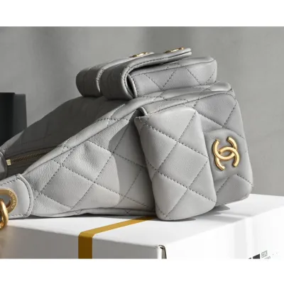 Chanel Quilted Lambskin Leather Grey /Black Shoulder Bags