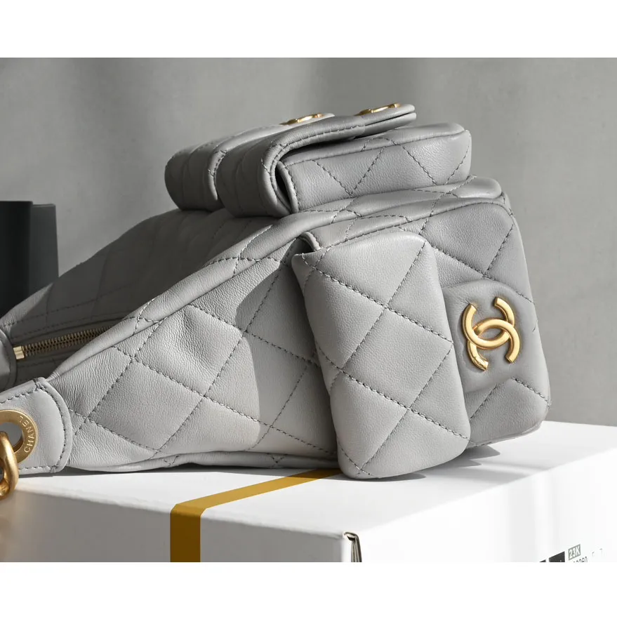 Chanel Quilted Lambskin Leather Grey /Black Shoulder Bags