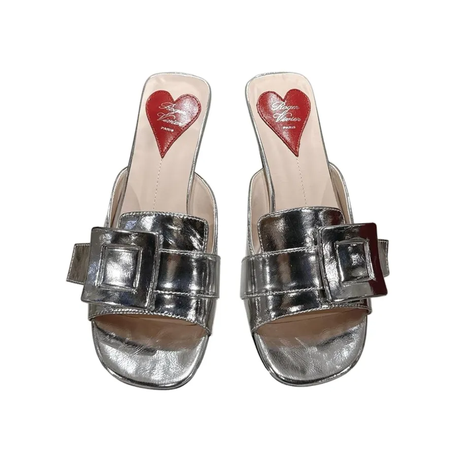 Roger Vivier Viv' Canard Mules Sandals In Gold/Silver Leather With Lacquered Metal Buckle (Heel Height 5.5cm)