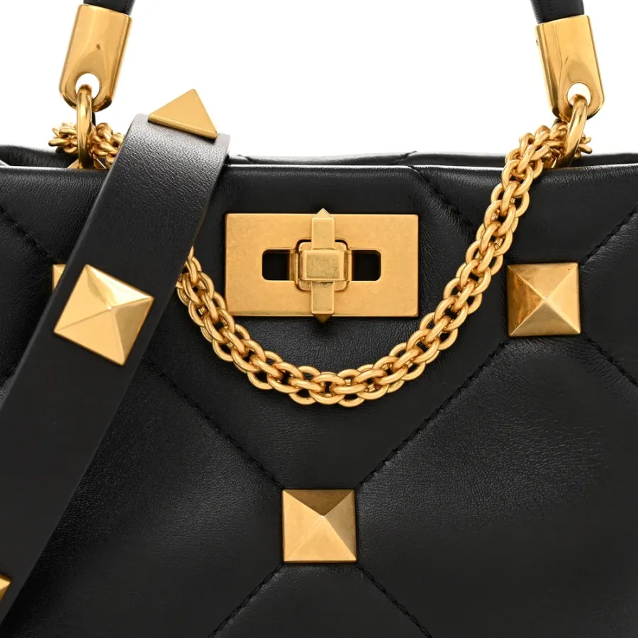 Valentino Garavani Small Roman Stud The Handle Bag Black Nappa Leather Gold Hardware