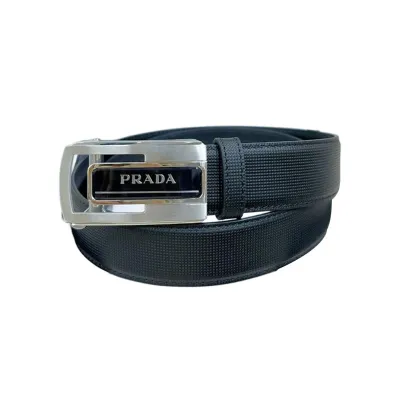 Prada Men' s Square Buckle Belt In Black Calfskin With Gold/Silver Hardware 35mm