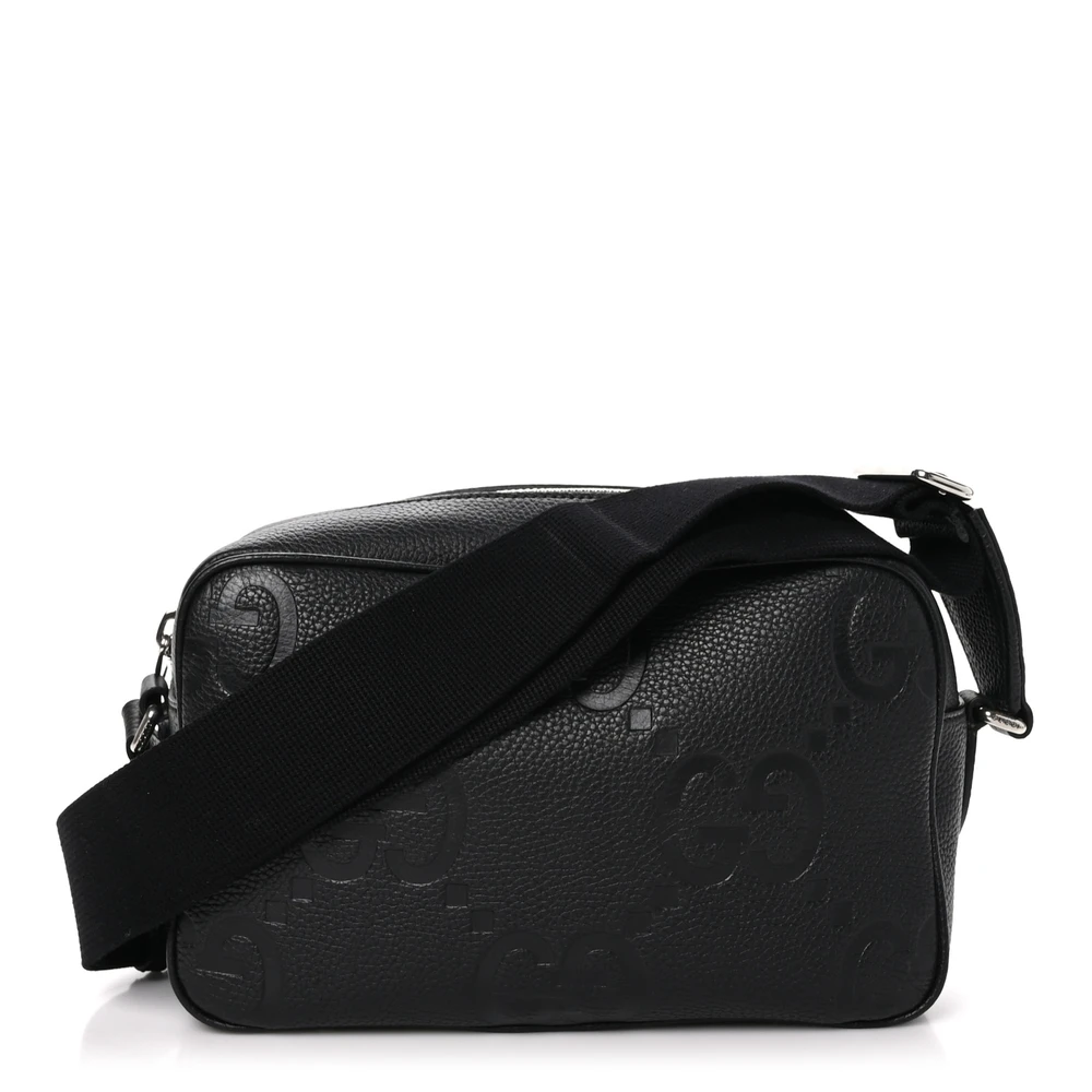 Gucci Medium Jumbo GG Messenger Bag Preto Couro Calfskin Piuma Relevado Hardware Prateado
