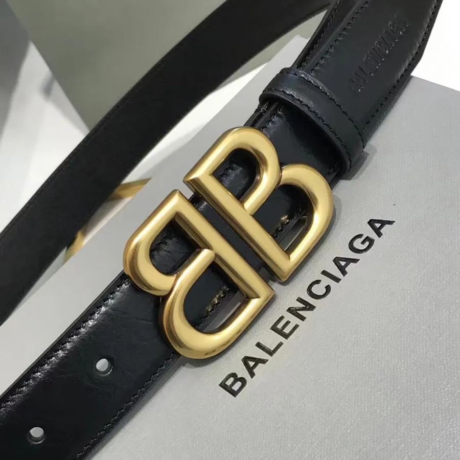 Balenciaga Men's Monaco Belt In Black Calfskin With Gold Hardware 30mm