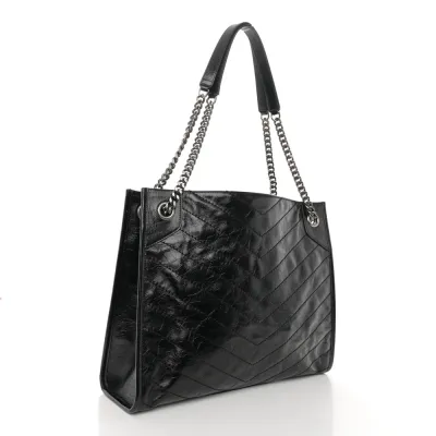 Saint Laurent Medium Niki Shopper Tote Black Crinkled Monogram Calfskin Matelasse Leather Silver Hardware