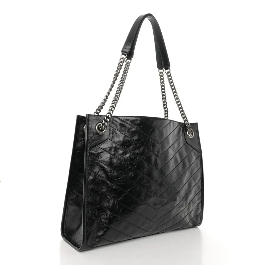 Saint Laurent Medium Niki Shopper Tote Black Crinkled Monogram Calfskin Matelasse Leather Silver Hardware