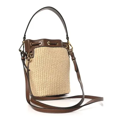 Fendi Mini F is Fendi Logo Crochet Mon Tresor Bucket Bag Natural/Brown Straw Gold Hardware