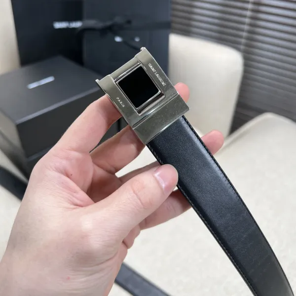 Saint Laurent Square Buckle Belt In Black/Burgundy Calfskin With Gold Hardware 30mm - Image 9