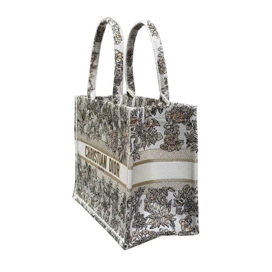 Dior Medium Book Tote White Embroidered with Metallic Thread and Gold Millefiori Unicorn Motif