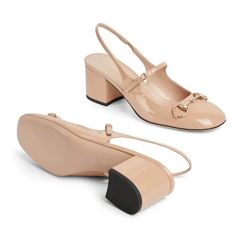 Gucci patent leather Square toed, thick heeled, horseneck buckle, shallow high-heeled shoes