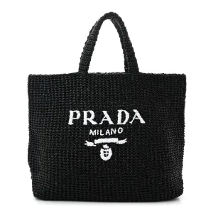Prada Large Effect Crochet Logo Tote Bag Black Yarn Raffia