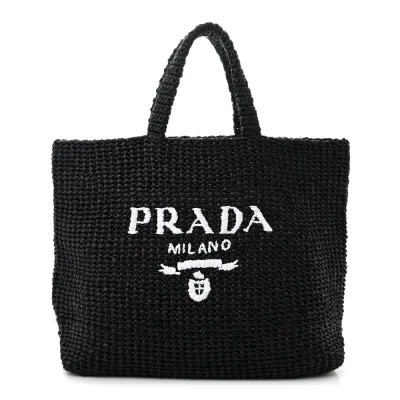 Prada Large Effect Crochet Logo Tote Bag Black Yarn Raffia