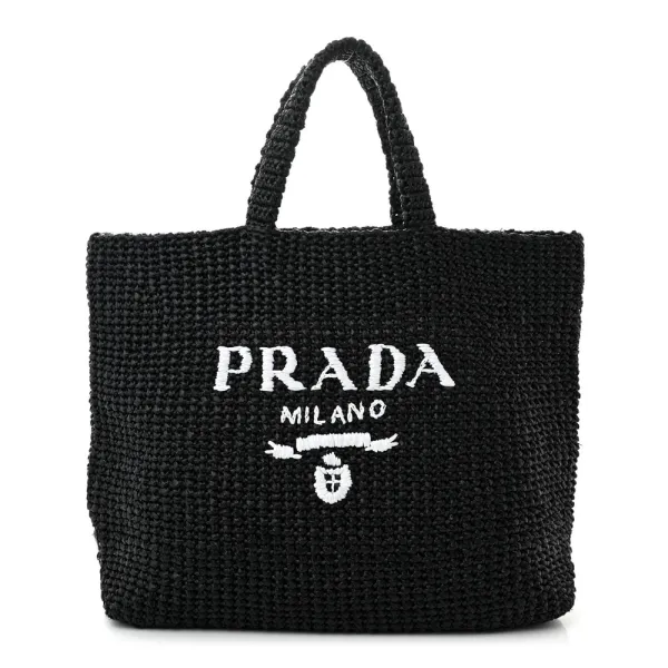Prada Large Effect Crochet Logo Tote Bag Black Yarn Raffia