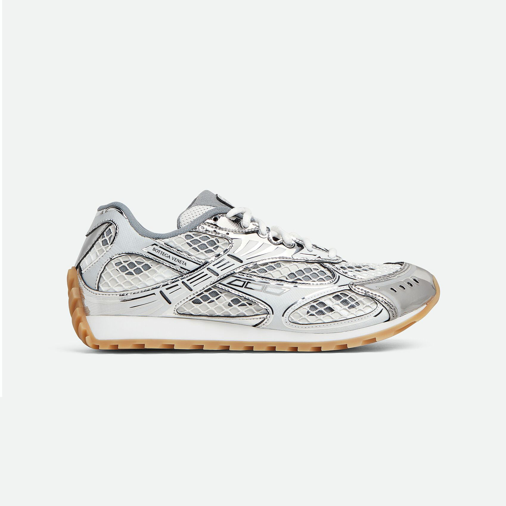 Bottega Veneta Tênis Orbit Em Tecido Técnico E Mesh Prata/Branco Com Cadarço