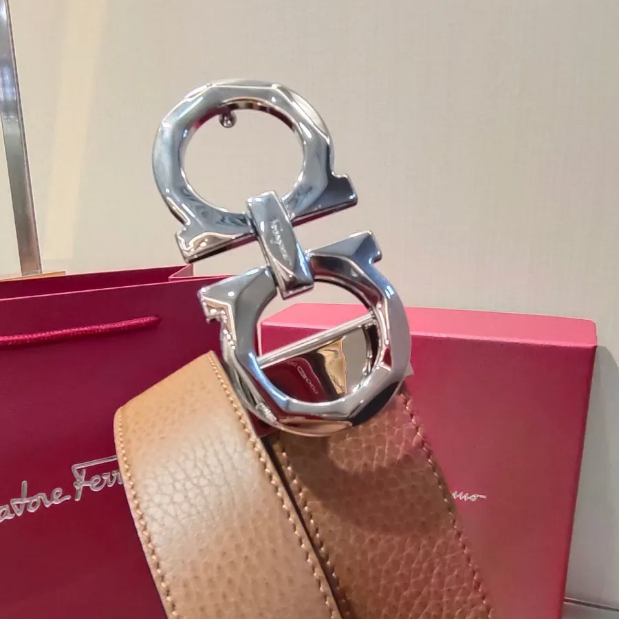 Ferragamo Men's Double Gancini Buckle Reversible Belt In Orange/Black/Brown/Blue Grained Calfskin With Gold/Silver Hardware 35mm