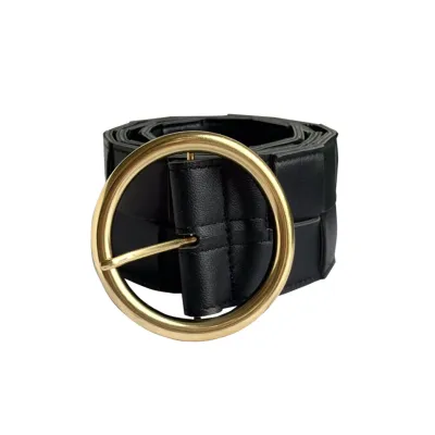 Bottega Veneta Women's Round Buckle Maxi Intrecciato Adjustable Belt In Pink/Blue/White/Coffee/Black Calfskin With Gold Hardware 60mm