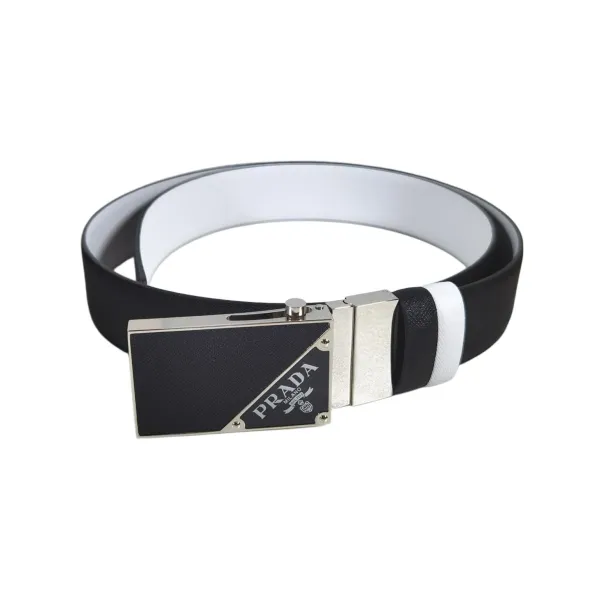 Prada Men' s Square Buckle Belt In Black/Brown/Blue/White Saffiano Calfskin With Silver Hardware 35mm