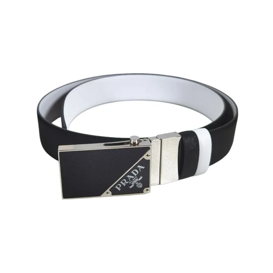 Prada Men' s Square Buckle Belt In Black/Brown/Blue/White Saffiano Calfskin With Silver Hardware 35mm