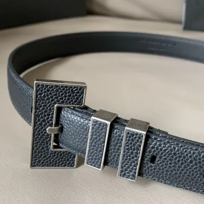 Saint Laurent Carre Rive Gauche Double-Loop Belt In Black Calfskin With Gold/Silver Hardware 25mm