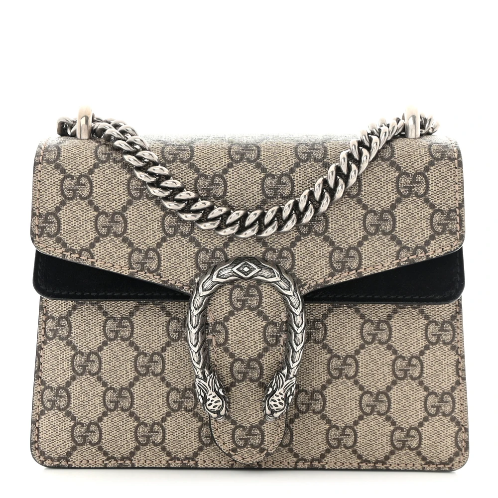 Gucci Mini Dionysus Bolsa de Ombro Preta GG Supreme Monograma em Canvas Hardware Prata Envelhecido