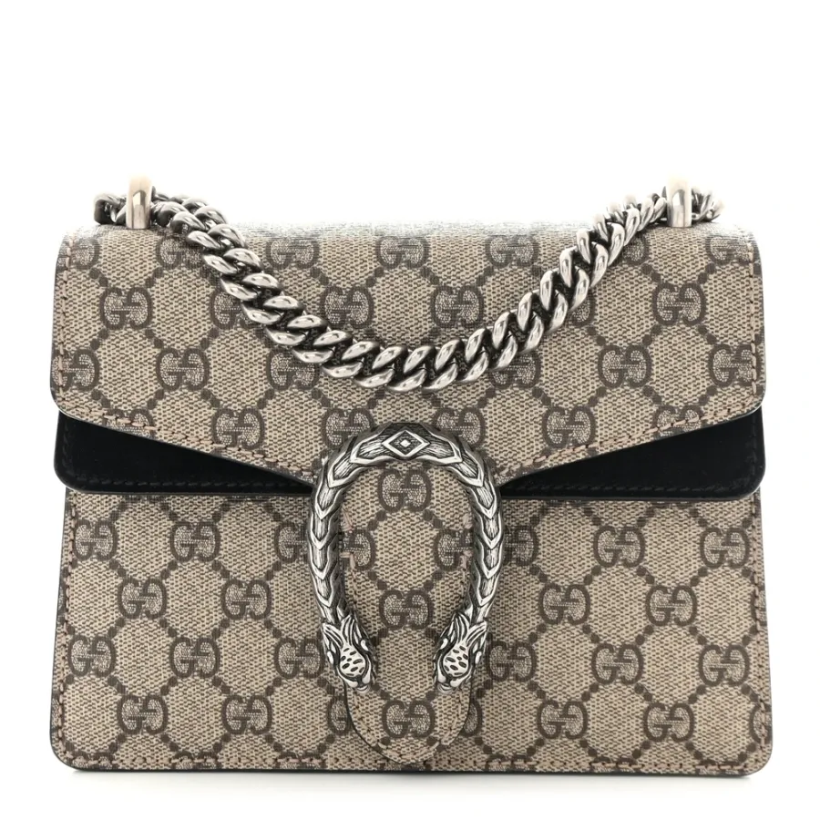 Gucci Mini Dionysus Shoulder Bag Black GG Supreme Monogram Canvas Aged Silver Hardware