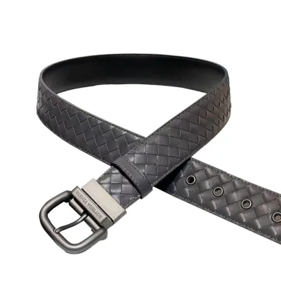 Bottega Veneta Men's Square Buckle Intrecciato Belt In Black/Coffee/Blue/Dark Grey Calfskin With Gun Black Hardware 40mm