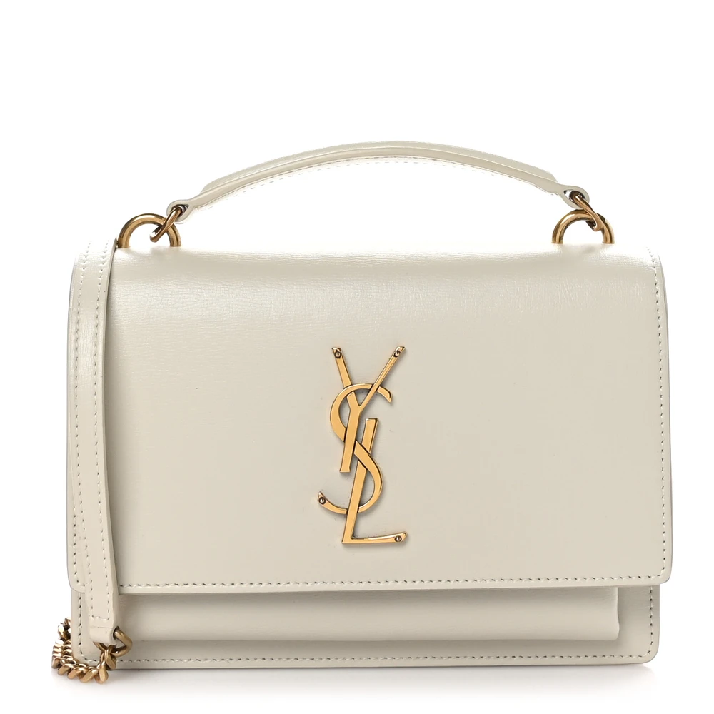 Saint Laurent Bolsa Carteira Small Sunset Chain em Couro Calfskin Monograma Suave Crema com Hardware Dourado