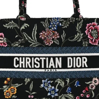 Dior Medium Book Tote Navy Blue Multicolor Petites Fleurs Raffia Embroidered Canvas