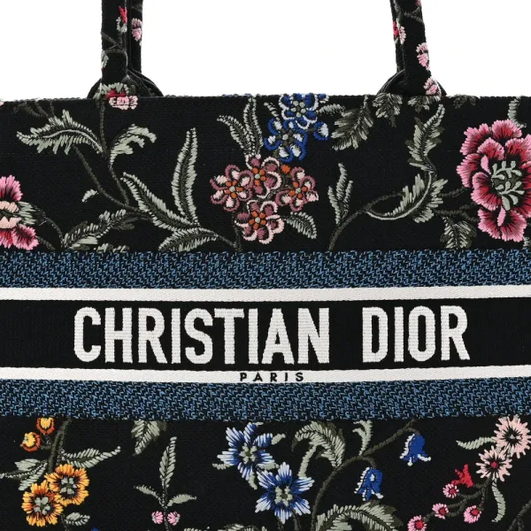 Dior Medium Book Tote Navy Blue Multicolor Petites Fleurs Raffia Embroidered Canvas - Image 8
