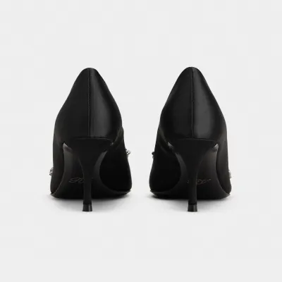 Roger Vivier Efflorescence Pumps High Heels In Black Satin With Crystal Flowers Buckle (Heel Height 6.5cm)