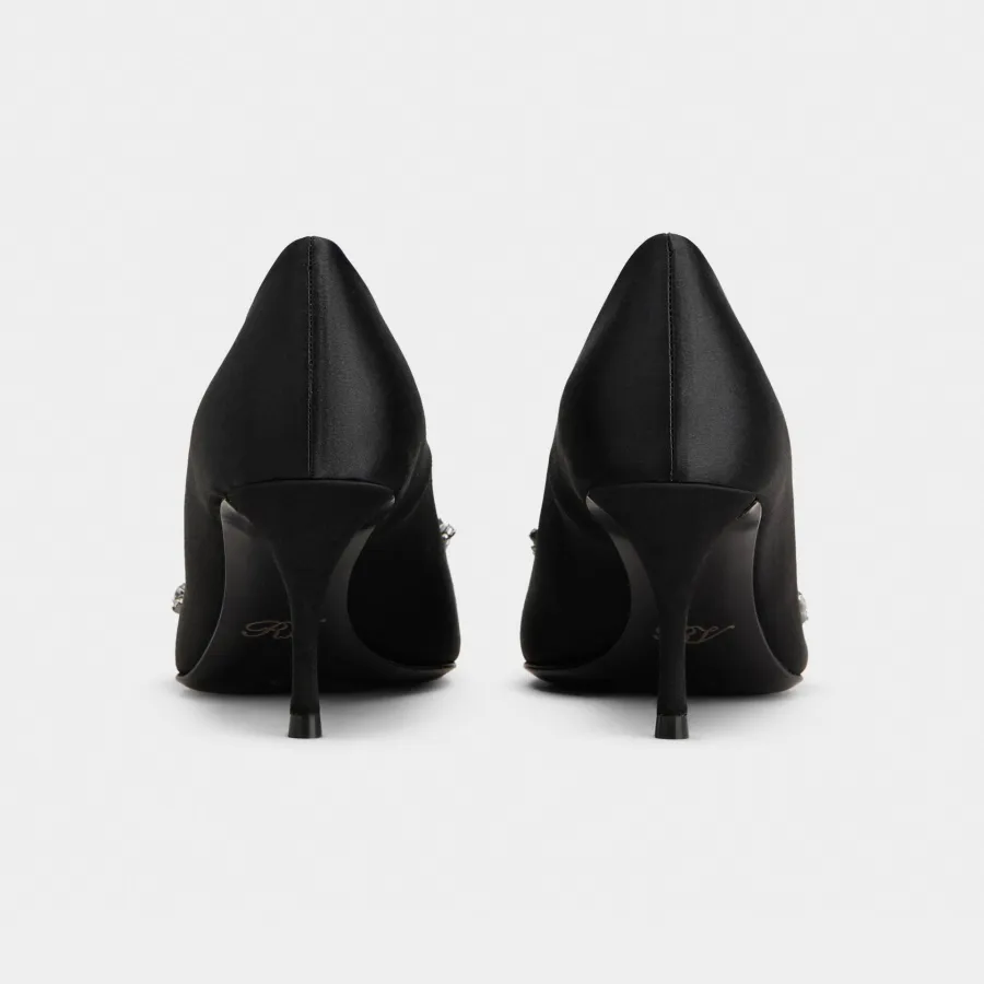 Roger Vivier Efflorescence Pumps High Heels In Black Satin With Crystal Flowers Buckle (Heel Height 6.5cm)