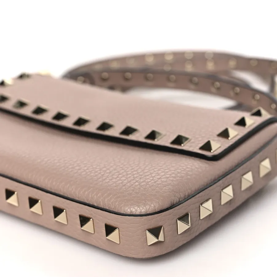 Valentino Garavani Small Rockstud Crossbody Pouch Poudre Grainy Calfskin Leather Gold Hardware