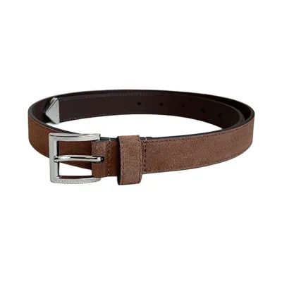 Prada Women' s Square Buckle Belt In Brown/Black Suede Calfskin With Gold/Silver Hardware 25mm