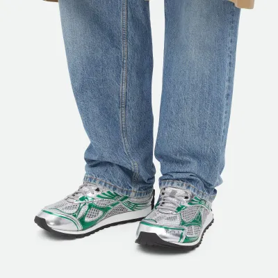 Bottega Veneta Orbit Sneakers In Silver/Green Technical Fabric And Mesh Lace-Up Sneaker