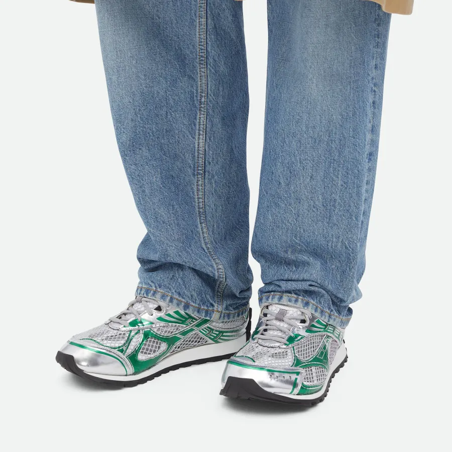 Bottega Veneta Orbit Sneakers In Silver/Green Technical Fabric And Mesh Lace-Up Sneaker