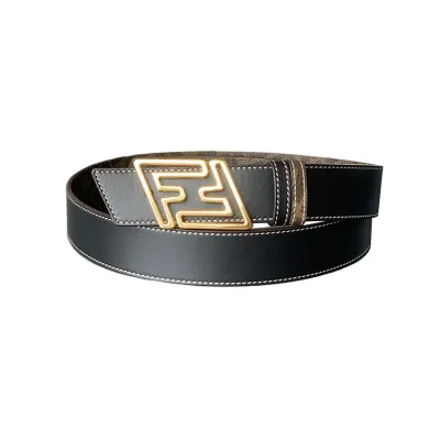 Fendi Men's Faster Reversible Belt In Beige/Black/Brown Calfskin And Monogram Canvas With Gold/Silver Hardware 35mm