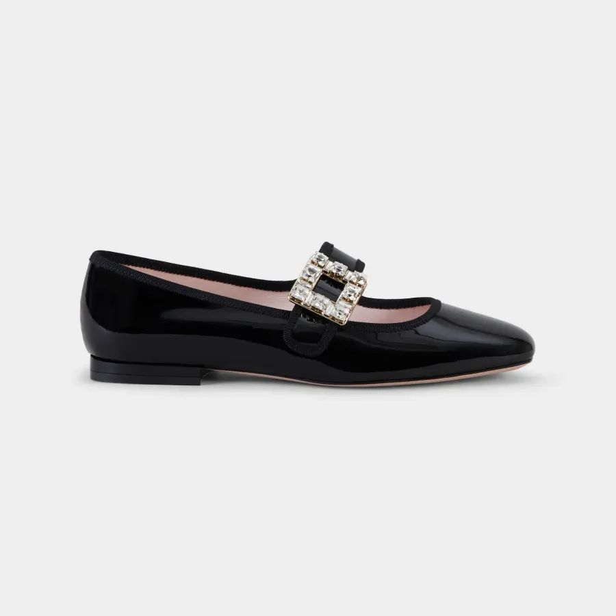 Roger Vivier Très Vivier Dasiy Mary Janes In Black/White Patent Leather With Crystal Buckle (Heel Height 0.5cm)
