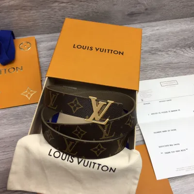 Louis Vuitton Women's Initiales Reversible Belt In Bkue/Black/Grey/Brown/Burgundy/Red/Pink Calfskin And Monogram Canvas With Gold Hardware 30mm