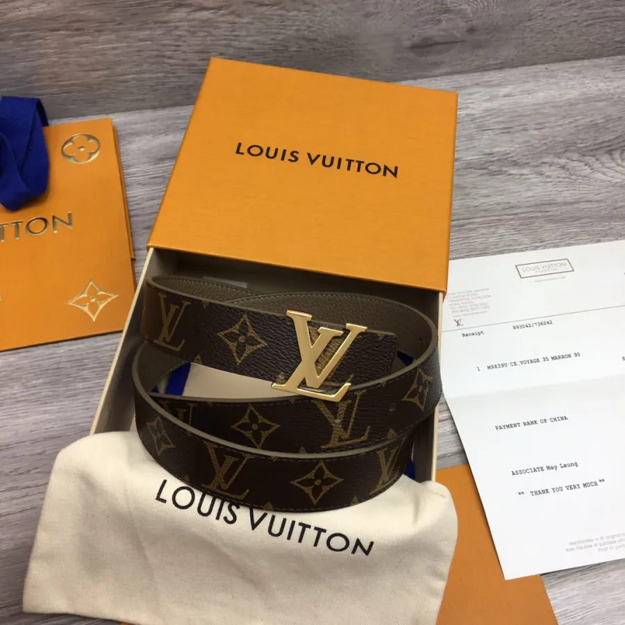 Louis Vuitton Women's Initiales Reversible Belt In Bkue/Black/Grey/Brown/Burgundy/Red/Pink Calfskin And Monogram Canvas With Gold Hardware 30mm