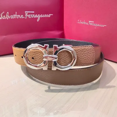 Ferragamo Men's Double Gancini Buckle Reversible Belt In Orange/Black/Brown/Blue Grained Calfskin With Gold/Silver Hardware 35mm