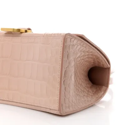 Balenciaga Small Hourglass Top Handle Bag Nude Beige Crocodile Embossed Shiny Calfskin Leather Gold Hardware