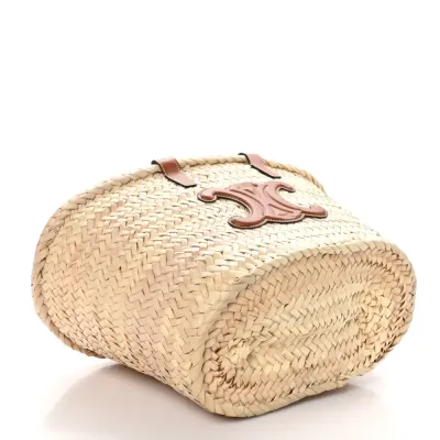 Celine Medium Triomphe Teen Panier Tan Palm Leaf & Calfskin Leather Gold Hardware